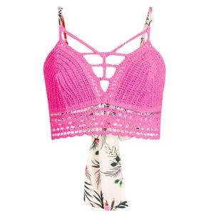 New Trendy Sexy Pink Crochet Knit Halter Top with tropical print Backless tie up